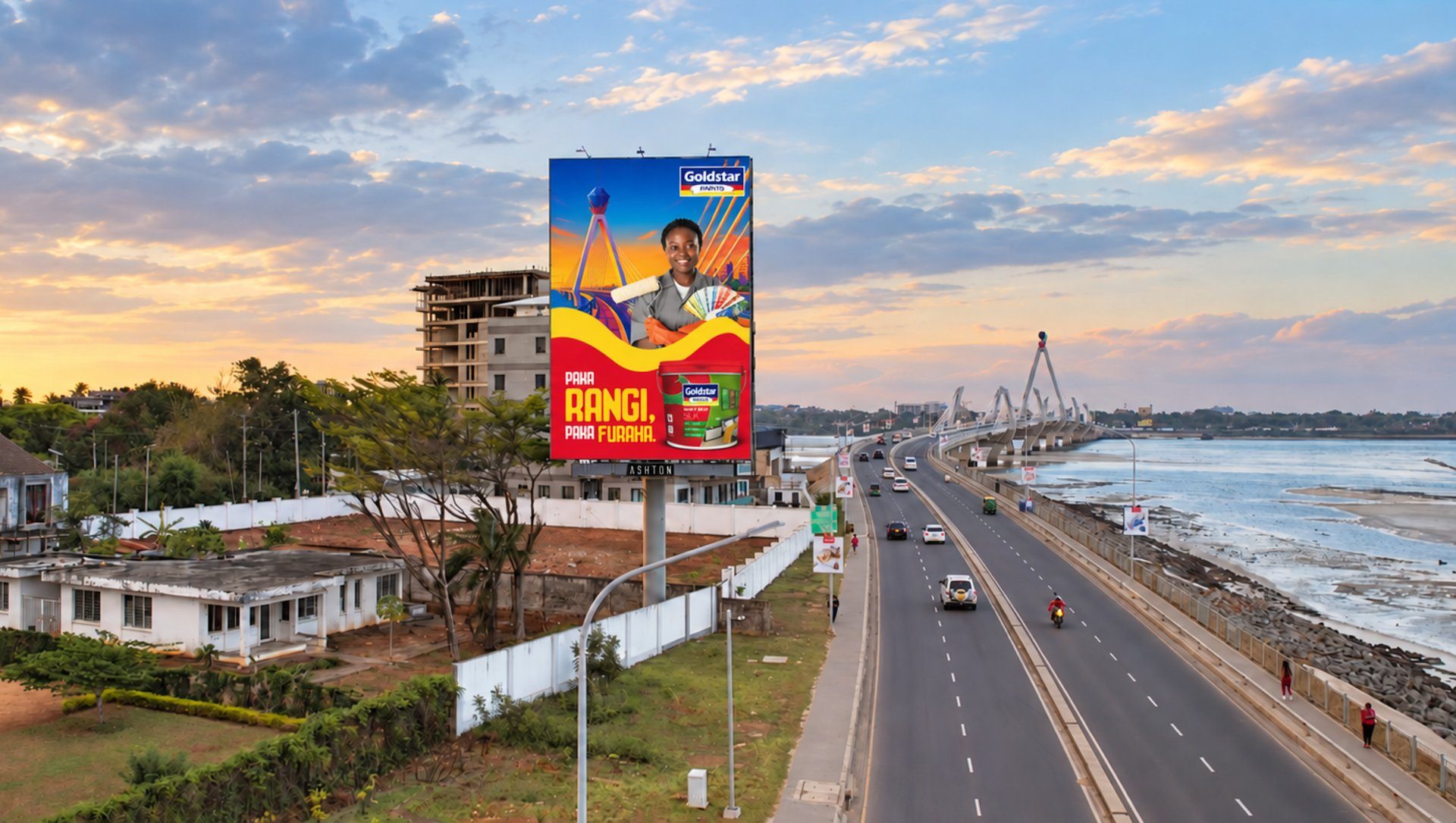 A Goldstar campaign on the Tanzanite Bridge billboard at sunset
