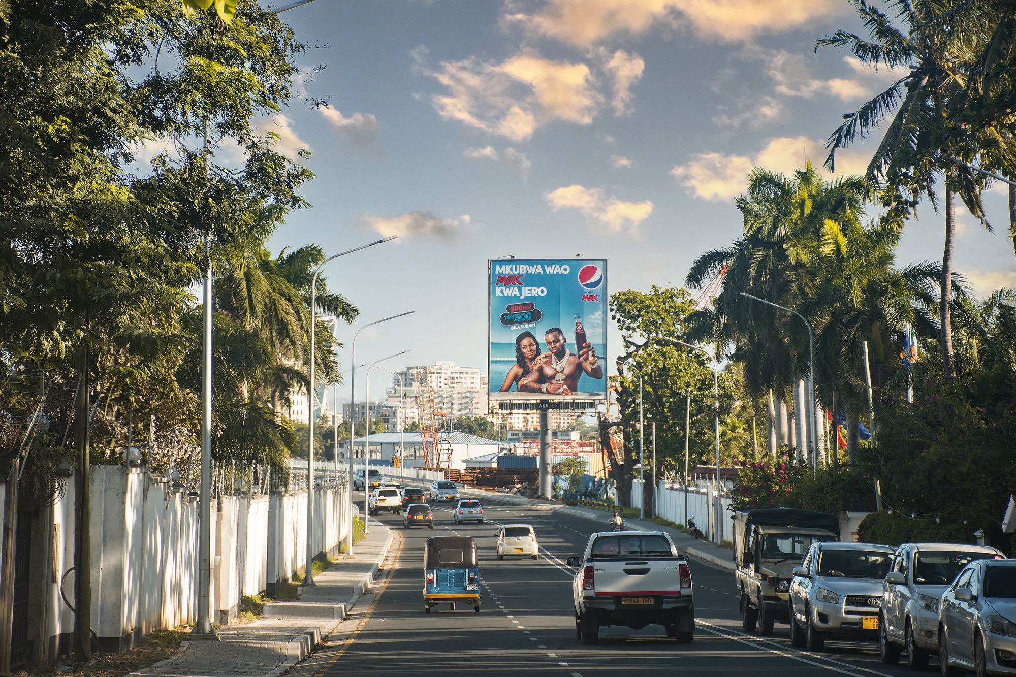 A Pepsi billboard between palm trees on a main road in Dar es Salaam