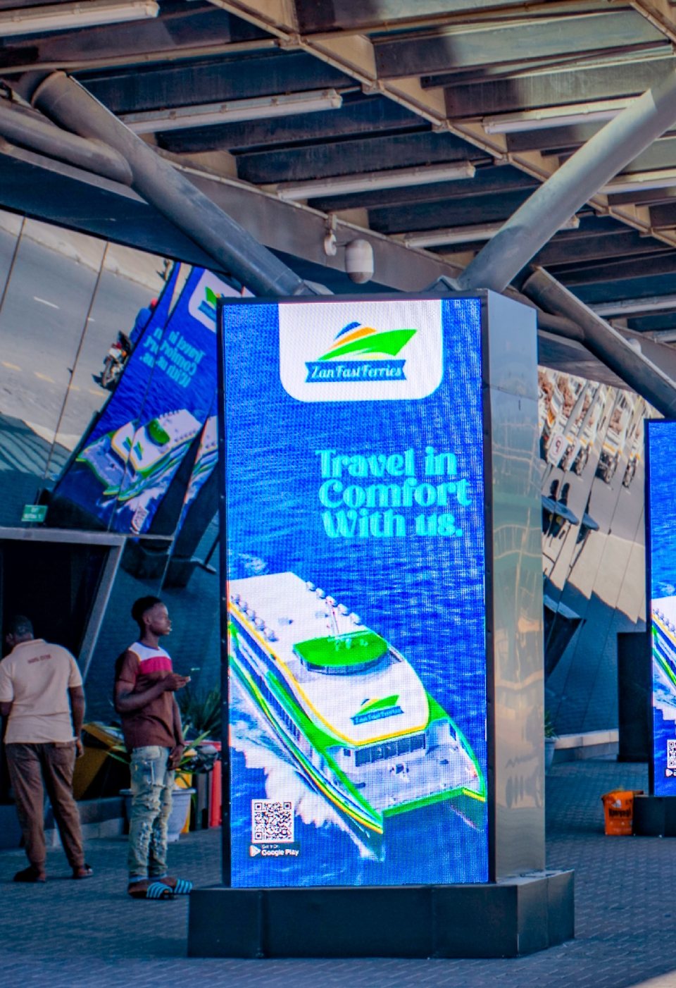 Digital totems outside the SGR terminal in Dar es Salaam